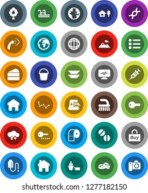 White Solid Icon Set- fetlock vector, bucket, steaming, toilet paper, plates, cake, world, constellation, earth, port, dna, syringe, pills, diagnostic monitor, drop counter, cloud exchange, home