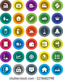 White Solid Icon Set- fetlock vector, mop, iron, toilet brush, sprayer, paper, book, graph, wallet, target, pills, port, dry cargo, camera, syringe, diagnostic monitor, home, cottage, chalet, buy