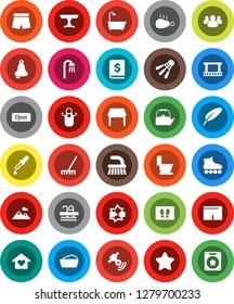 White Solid Icon Set- fetlock vector, rake, welcome mat, toilet, foam basin, kettle, apron, chicken leg, pen, bell, annual report, shorts, roller Skates, shuttlecock, pool, film frame, satellitie