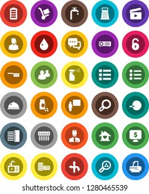 White Solid Icon Set- fetlock vector, water drop, sprayer, sink, grater, dish, school building, blackboard, monitor dollar, pills vial, route, cinema clap, dialog, group, battery, insemination, hub