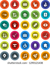 White Solid Icon Set- fetlock vector, rake, welcome mat, toilet, apron, skimmer, dish, pencil, bell, music, annual report, shuttlecock, attention, battery, disabled, favorites, bench, disconnection