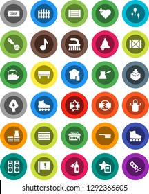 White Solid Icon Set- fetlock vector, welcome mat, kettle, apron, skimmer, turk coffee, bell, music, roller Skates, attention, wood box, package, heart cross, potion, sperm, disconnection, favorites