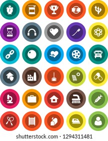 White Solid Icon Set- fetlock vector, scoop, car, iron, washboard, atom, alarm clock, award cup, school bus, case, jump rope, fitball, pills, sports nutrition, film spool, headphones, heart, pulse