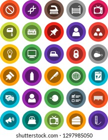 White Solid Icon Set- fetlock vector, kettle, cereal, cake, chicken leg, pen, paper pin, exam, water bottle, prohibition sign, loudspeaker, thumbtack, dna, insemination, globe, lock, user, crib, tv