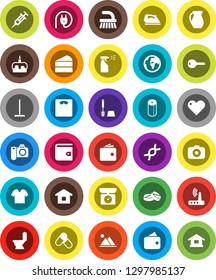 White Solid Icon Set- fetlock vector, mop, iron, toilet, brush, sprayer, paper, jug, cake, wallet, scales, pills, earth, camera, heart, dna, syringe, router, mountain, key, home, clothes, power plug