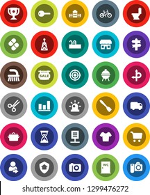 White Solid Icon Set- fetlock vector, toilet, water closet, pan, spatula, bbq, school building, award cup, graph, cart, sand clock, bike, t shirt, target, route, signpost, antenna, scissors, pills
