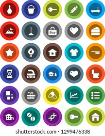 White Solid Icon Set- fetlock vector, mop, bucket, toilet, oil, cake, graph, sand clock, pills, pool, heart, dna, syringe, loading, cottage, chalet, fruit tree, mountain, key, buy, home, clothes