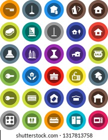 White Solid Icon Set- fetlock vector, mop, sponge, car, window cleaning, welcome mat, steaming, house hold, sink, oven, university, dry cargo, warehouse, cottage, chalet, sale signboard, rooms, key