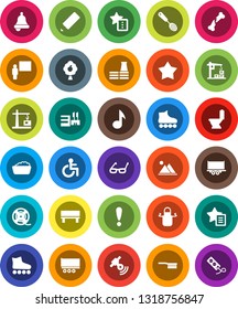 White Solid Icon Set- fetlock vector, toilet, foam basin, apron, skimmer, pencil, blackboard, glasses, bell, music, roller Skates, attention, truck trailer, film spool, satellitie, disabled, bench