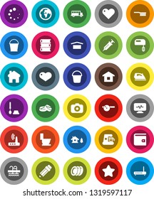White Solid Icon Set- fetlock vector, bucket, iron, toilet, brush, plates, book, pencil, school bus, wallet, pool, earth, dry cargo, camera, heart, syringe, pills, eye doctor hat, diagnostic monitor
