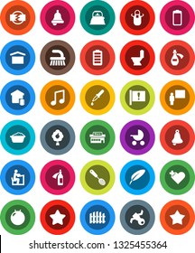 White Solid Icon Set- fetlock vector, toilet, foam basin, kettle, apron, skimmer, pen, blackboard, student, bell, music, fitball, attention, satellite, dry cargo, battery, heart cross, dropper, star