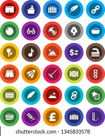 White Solid Icon Set- fetlock vector, rake, welcome mat, foam basin, pen, glasses, student, music, exchange, pound, fitball, shorts, shuttlecock, traffic light, wood box, tulip, satellitie, link
