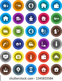 White Solid Icon Set- fetlock vector, iron, steaming, toilet brush, plates, cake, oil, world, wallet, sand clock, tie, earth, port, flammable, camera, pills, diagnostic monitor, drop counter, home
