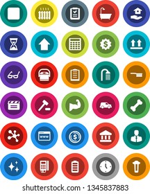 White Solid Icon Set- fetlock vector, shining, house hold, shower, glasses, bank, dollar coin, calculator, clock, sand, arrow up, medal, muscule hand, molecule, bone, client, car, clipboard, battery