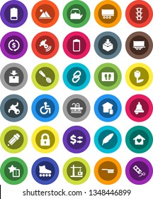 White Solid Icon Set- fetlock vector, welcome mat, kettle, skimmer, pen, pencil, bell, exchange, roller Skates, pool, satellite, traffic light, truck trailer, tulip, package, satellitie, link, lock
