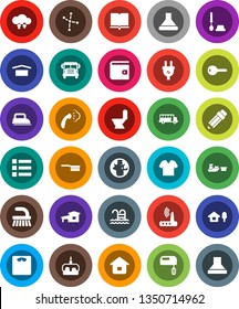 White Solid Icon Set- fetlock vector, steaming, toilet, brush, cake, book, pencil, school bus, world, constellation, wallet, scales, pool, port, dry cargo, cloud exchange, router, cottage, chalet