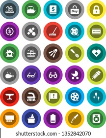 White Solid Icon Set- fetlock vector, rake, welcome mat, kettle, skimmer, chicken leg, pencil, glasses, student, exchange, annual report, shuttlecock, pool, attention, satellite, truck trailer, lock