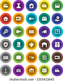 White Solid Icon Set- fetlock vector, mop, sponge, car, iron, shining window, house hold, sink, microwave oven, warehouse, key, cottage, plan, estate document, sale signboard, rooms, sold, search