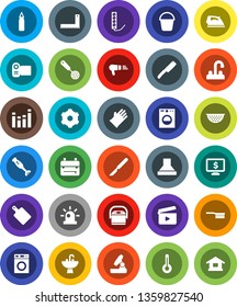 White Solid Icon Set- fetlock vector, bucket, iron, washer, rubber glove, sink, water tap, colander, skimmer, knife, cutting board, blender, corner ruler, backpack, microscope, monitor dollar, gear