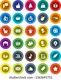 White Solid Icon Set- fetlock vector, welcome mat, toilet, foam basin, kettle, apron, dish, chicken leg, pen, pencil, blackboard, student, bell, music, pool, ship, wood box, tulip, film spool, group
