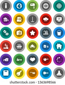 White Solid Icon Set- fetlock vector, mop, bucket, world, tie, scales, target, pool, earth, port, camera, heart, pills, eye doctor hat, diagnostic monitor, cloud exchange, router, home, loading, key
