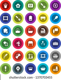 White Solid Icon Set- fetlock vector, welcome mat, foam basin, kettle, apron, skimmer, blackboard, exchange, pool, attention, dry cargo, film frame, battery, dropper, broken bone, potion, sperm
