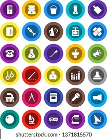 White Solid Icon Set- fetlock vector, bucket, car, steaming, sink, measuring cup, cook press, cutting board, toaster, blender, drawing compass, microscope, table lamp, flask, fitball, gymnast rings