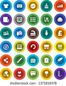 White Solid Icon Set- fetlock vector, pen, abacus, dollar coin, check, bank building, pound, swimsuite, pills, molecule, office, no trolley, sorting, newspaper, tv, rca, tooth implant, message, undo