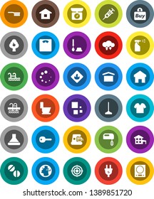 White Solid Icon Set- fetlock vector, mop, toilet, brush, sprayer, scales, target, pool, earth, dry cargo, flammable, syringe, pills, cloud exchange, home, loading, key, cottage, fruit tree, buy
