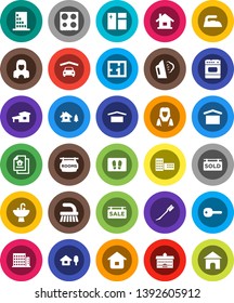 White Solid Icon Set- fetlock vector, car, window cleaning, welcome mat, iron, steaming, sink, cleaner woman, oven, university, school building, dry cargo, key, house, cottage, chalet, garage, plan