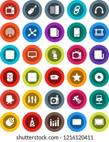 White Solid Icon Set- film frame vector, disk, radio, antenna, satellitie, newspaper, settings, equalizer, video camera, mobile phone, touchscreen, headphones, monitor, link, favorites, mail, rec