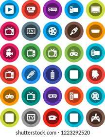 White Solid Icon Set- film spool vector, tv, gamepad, video camera, remote control, play button, pause, stop, rec, hdmi, web, projector