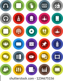 White Solid Icon Set- film frame vector, disk, radio, antenna, newspaper, settings, equalizer, tv, video camera, remote control, mobile phone, touchscreen, dialog, headphones, classic, group, mail