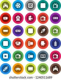 White Solid Icon Set- film spool vector, tv, gamepad, video camera, remote control, play button, pause, stop, rec, hdmi, web, projector