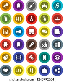 White Solid Icon Set- film frame vector, microphone, radio, antenna, satellitie, newspaper, loudspeaker, gamepad, settings, equalizer, video camera, mobile phone, touchscreen, dialog, notebook pc