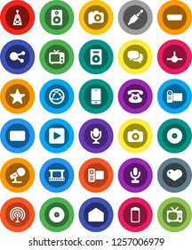 White Solid Icon Set- film frame vector, disk, camera, microphone, antenna, tv, video, internet, mobile phone, dialog, classic, social media, speaker, favorites, heart, battery, mail, play button