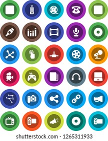 White Solid Icon Set- film frame vector, spool, disk, microphone, newspaper, loudspeaker, tv, gamepad, equalizer, video camera, remote control, touchscreen, headphones, notebook pc, classic phone