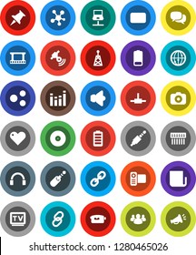 White Solid Icon Set- film frame vector, disk, camera, antenna, satellitie, newspaper, speaker, equalizer, tv, video, internet, dialog, headphones, social media, link, group, heart, thumbtack, mail