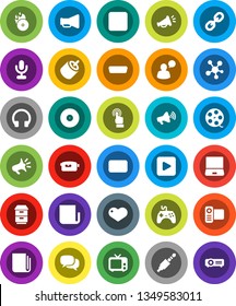White Solid Icon Set- film spool vector, disk, music hit, newspaper, loudspeaker, tv, gamepad, video camera, microphone, touchscreen, dialog, speaking man, headphones, notebook pc, social media, rca