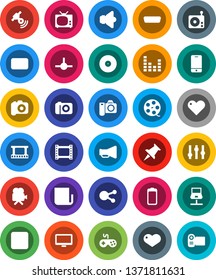 White Solid Icon Set- film frame vector, spool, disk, camera, radio, satellitie, newspaper, speaker, loudspeaker, gamepad, settings, equalizer, video, mobile phone, monitor, social media, heart, tv