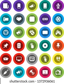White Solid Icon Set- film spool vector, disk, music hit, satellitie, newspaper, loudspeaker, gamepad, tv, video camera, microphone, internet, mobile phone, touchscreen, monitor, notebook pc, heart