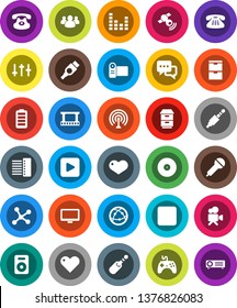 White Solid Icon Set- film frame vector, disk, microphone, antenna, satellitie, gamepad, settings, equalizer, video camera, internet, dialog, monitor, classic phone, speaker, group, heart, battery