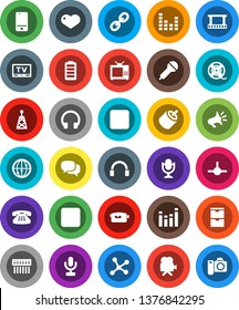 White Solid Icon Set- film frame vector, spool, microphone, antenna, equalizer, tv, video camera, internet, mobile phone, dialog, headphones, classic, link, heart, battery, pause button, forward