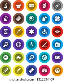 White Solid Icon Set- first aid kit vector, doctor bag, ambulance star, disabled, thermometer, flask, eye, gender sign, magnifier, pregnancy, dropper, scissors, scalpel, sand clock, patch, pills