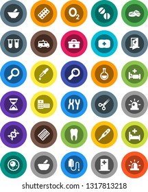 White Solid Icon Set- first aid kit vector, oxygen, doctor bag, thermometer, flask, vial, dna, magnifier, dropper, scissors, sand clock, pills, blister, mortar, chromosomes, hospital bed, building