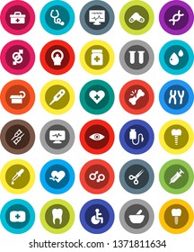 White Solid Icon Set- first aid kit vector, doctor bag, disabled, heart pulse, cross, thermometer, vial, eye, gender sign, dna, syringe, dropper, crutches, scissors, broken bone, stethoscope, pills