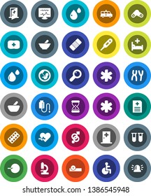White Solid Icon Set- first aid kit vector, ambulance star, disabled, heart pulse, thermometer, vial, gender sign, magnifier, pregnancy, insemination, sand clock, patch, pills, blister, mortar