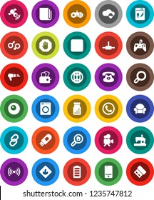 White Solid Icon Set- flammable vector, satellitie, newspaper, video camera, mobile phone, classic, link, battery, stop button, gender sign, pills bottle, ovule, connect, cloud shield, usb modem