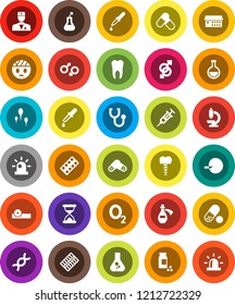 White Solid Icon Set- flask vector, pills vial, oxygen, doctor, gender sign, dna, insemination, syringe, dropper, sand clock, stethoscope, blister, eye hat, microscope, hospital building, potion