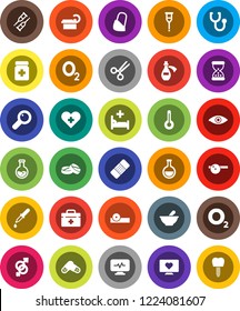 White Solid Icon Set- flask vector, heart monitor, oxygen, doctor bag, cross, thermometer, eye, gender sign, magnifier, dropper, crutches, scissors, sand clock, patch, stethoscope, pills, bottle